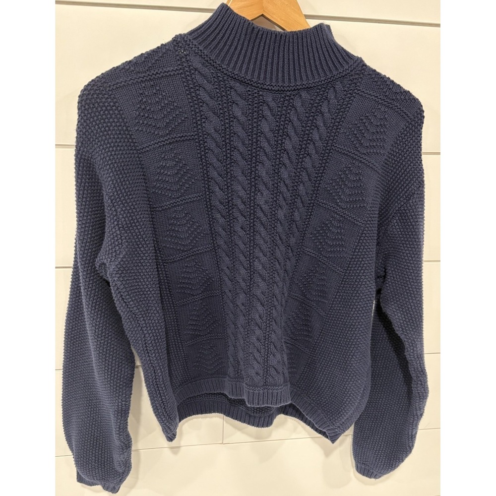Lizsport Vintage Navy Blue Cable Knit Cotton Mock Neck Cropped Sweater M Medium